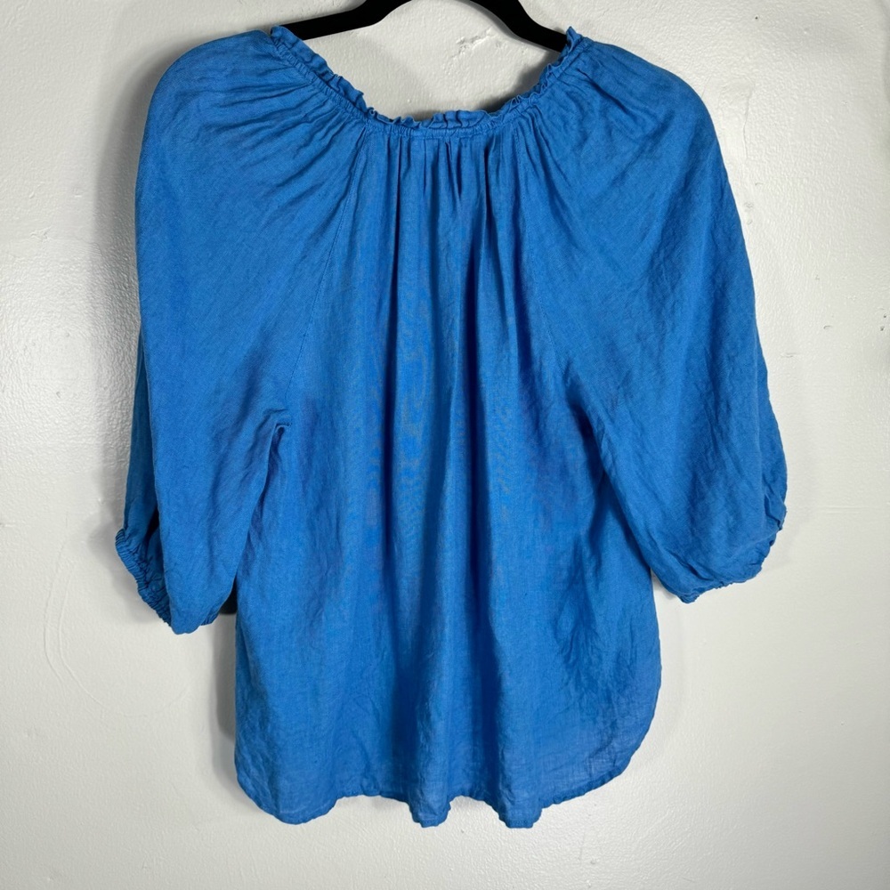J JILL 100% linen blue Boho blouse puff sleeve boho top oversized loose fit XS - Picture 4 of 10